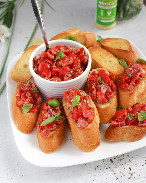 Cherry Tomato Bruschetta with Basil & Cashew Parmesan - Uprise Foods