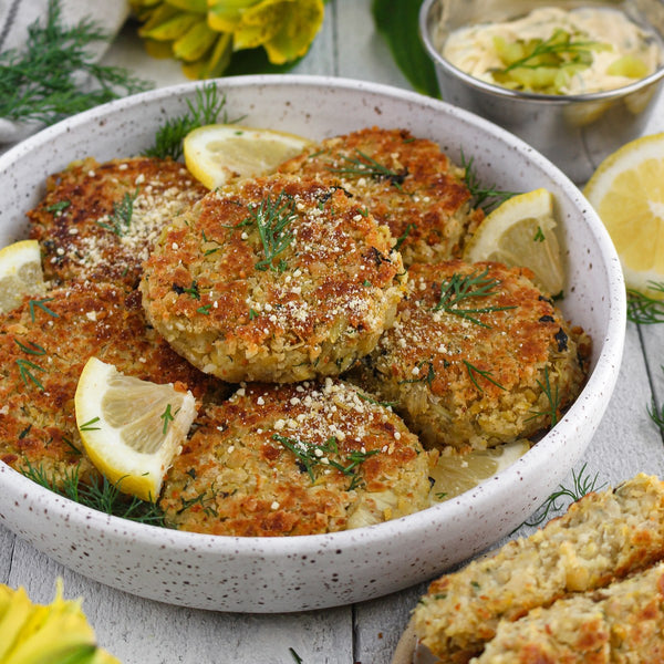 Vegan Crab Cakes with Creamy Dill Tartar Sauce and Cashew Parmesan - Uprise Foods