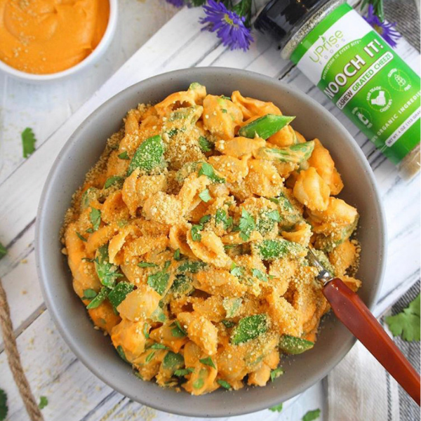 Sweet Potato Snap Pea Mac and Cheese with Cashew Parmesan