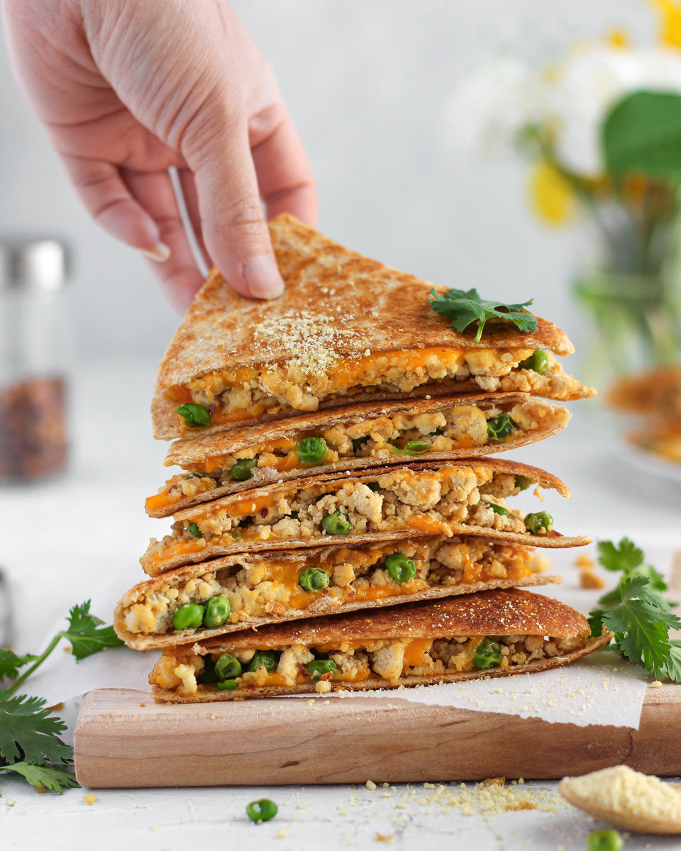 Vegan Tofu Scramble Quesadilla with Cashew Parmesan