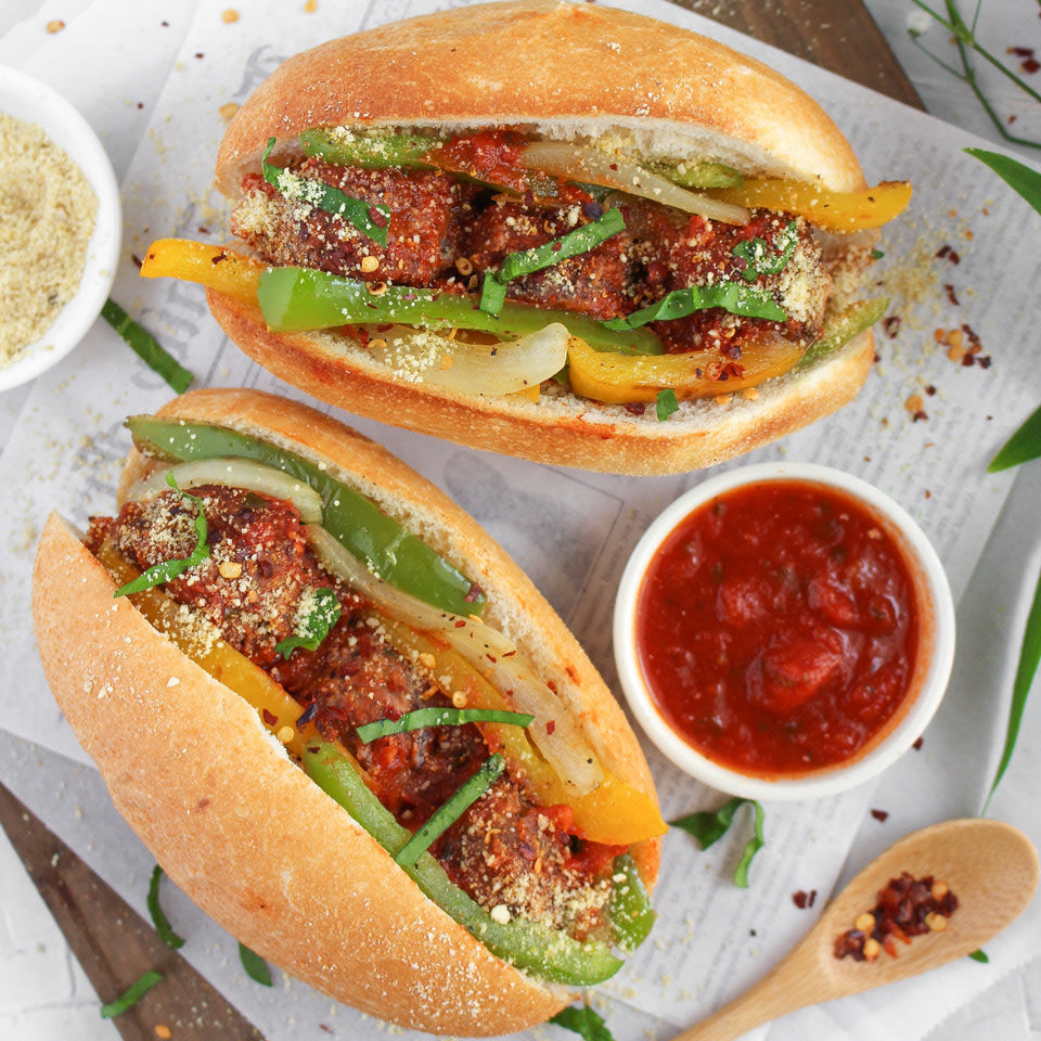 Vegan Meatball Sub with Stir-Fried Peppers & Cashew Parmesan
