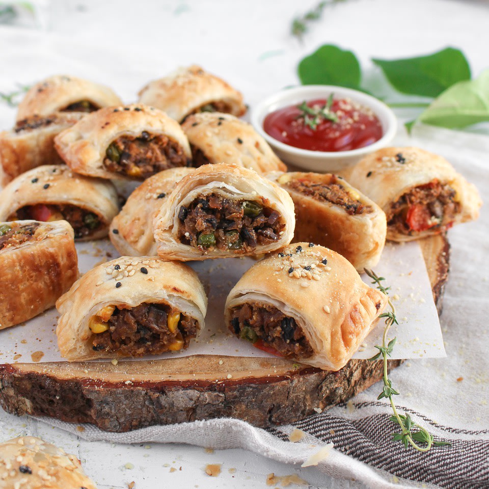 Vegan Sausage Lentil Rolls with Cashew Parmesan