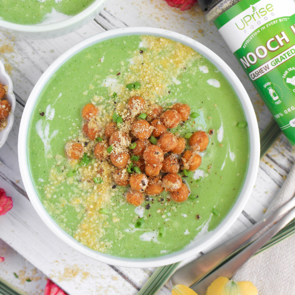 Creamy Broccoli Soup with Crispy Cashew Parm Chickpeas