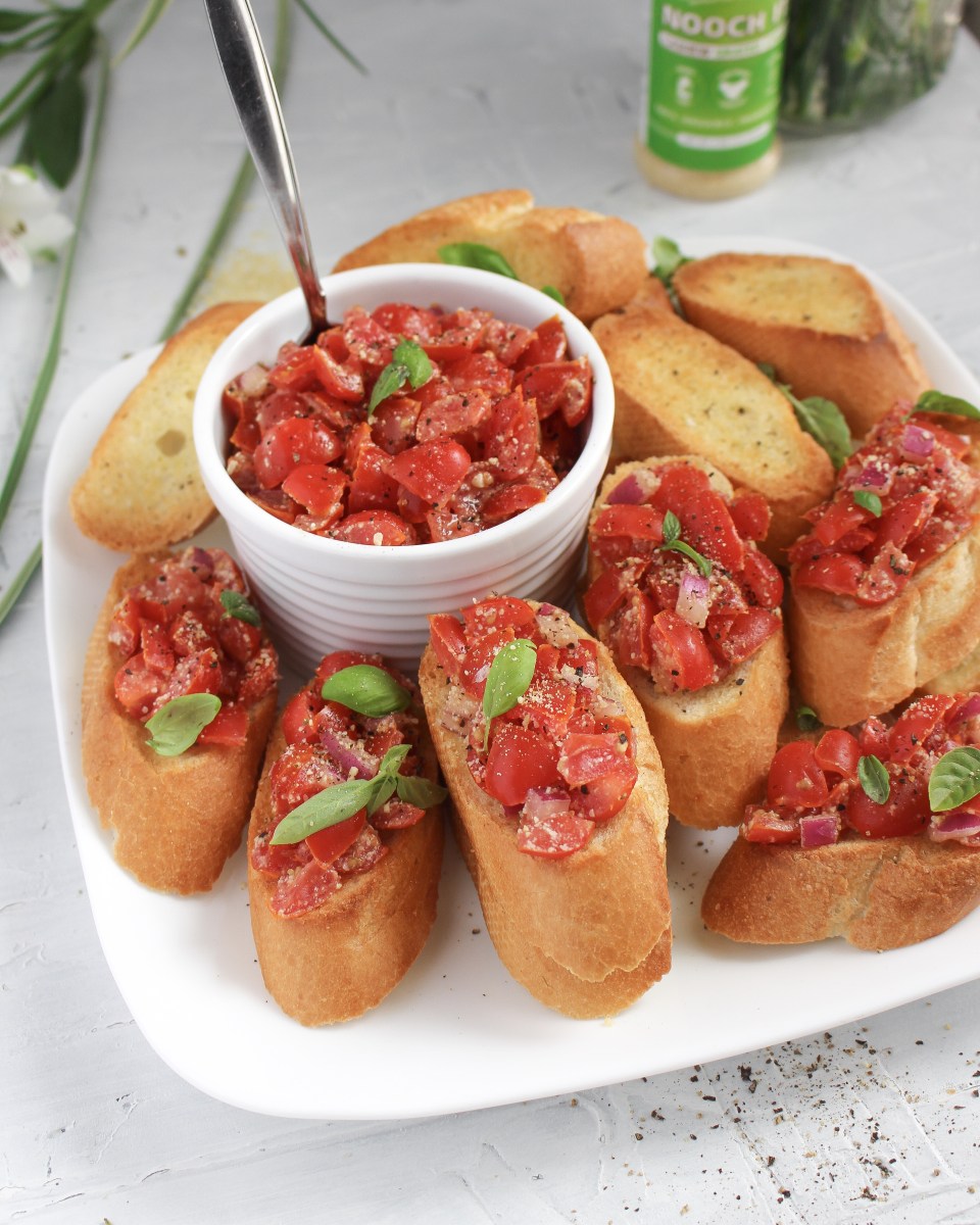 Cherry Tomato Bruschetta with Basil & Cashew Parmesan