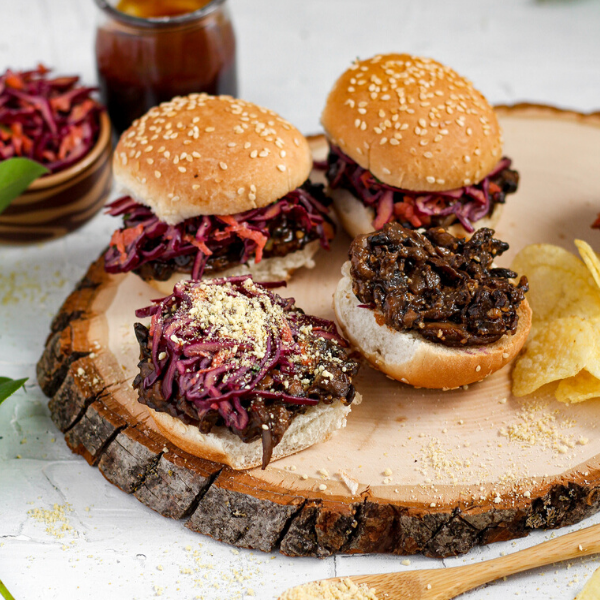 Vegan Pulled Mushroom Sliders with Tangy Slaw & Cashew Parmesan