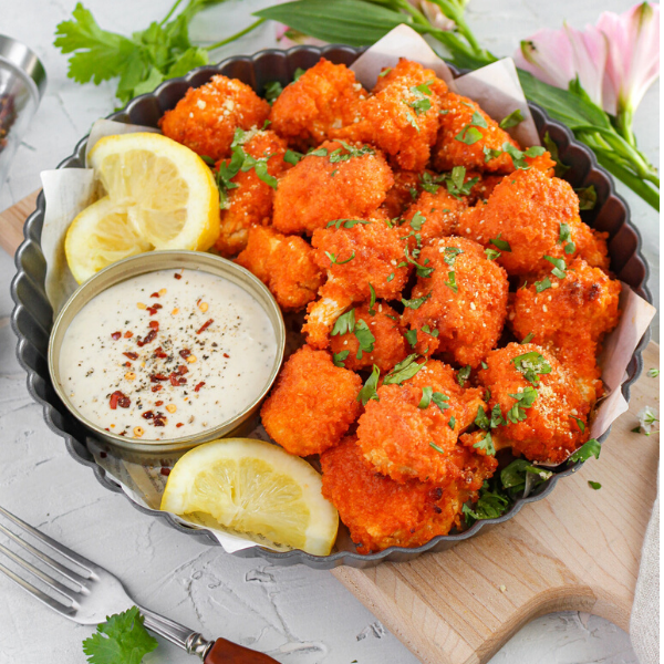 Crispy Vegan Buffalo Cauliflower Wings with Cashew Parmesan
