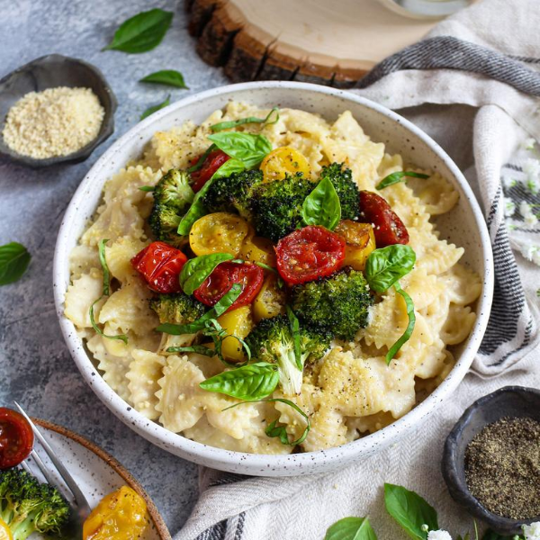 Vegan Carbonara with Roasted Broccoli, Cherry Tomatoes & Cashew Parmesan