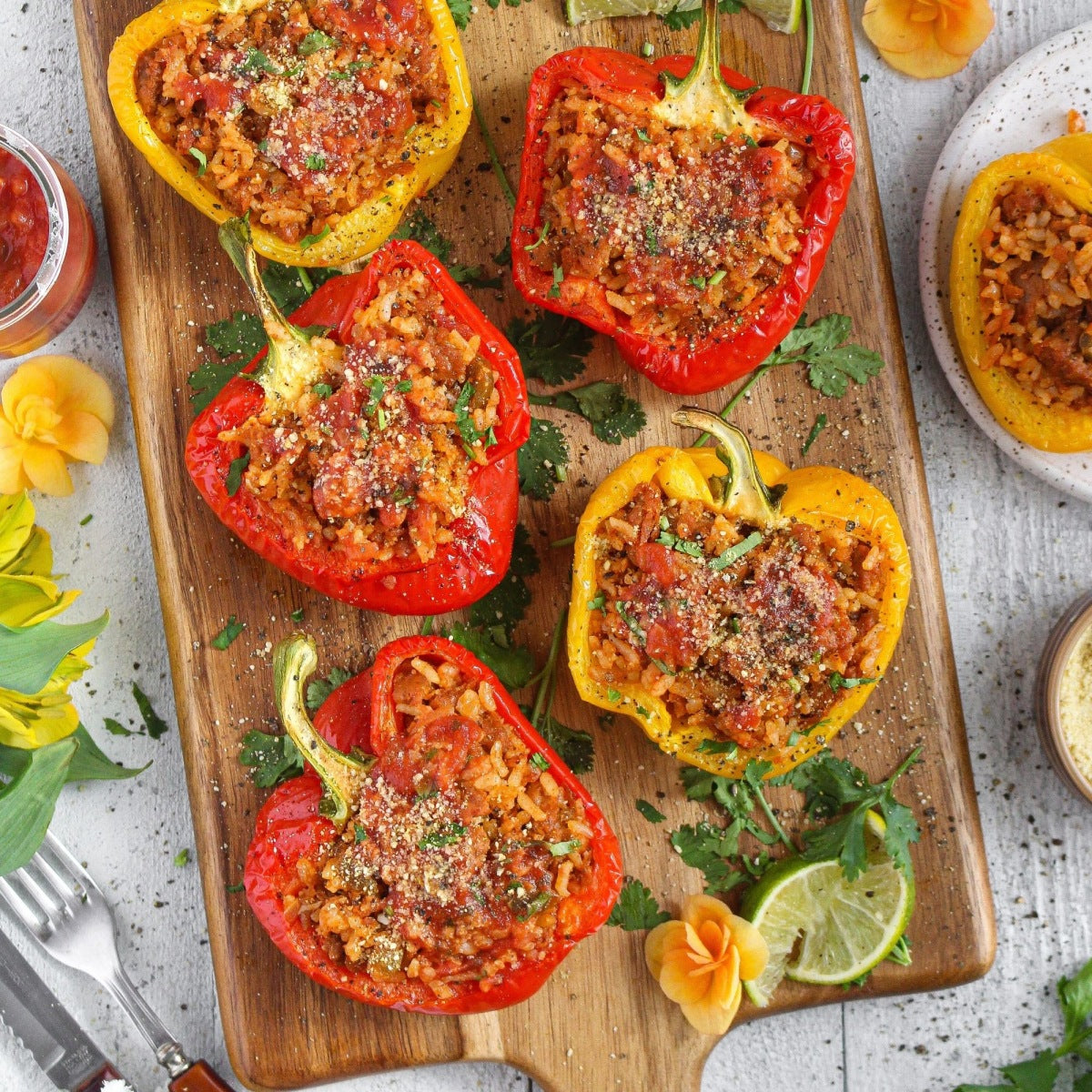 Taco Stuffed Bell Peppers with Vegan Sausage & Cashew Parmesan