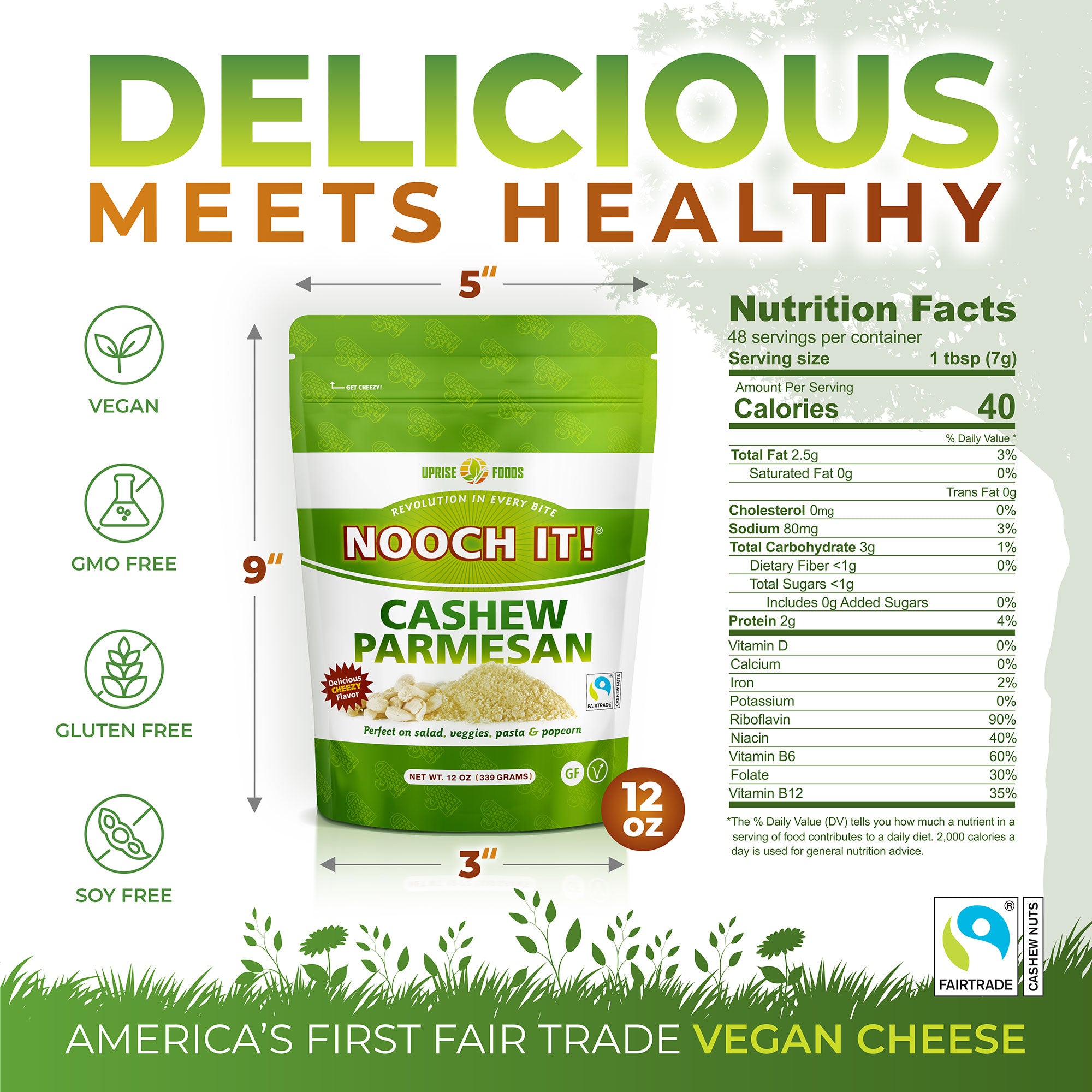 NOOCH IT! Fair Trade Cashew Parmesan 12oz | Vegan Parmesan | Organic Ingredients | Gluten-Free | Dairy-Free