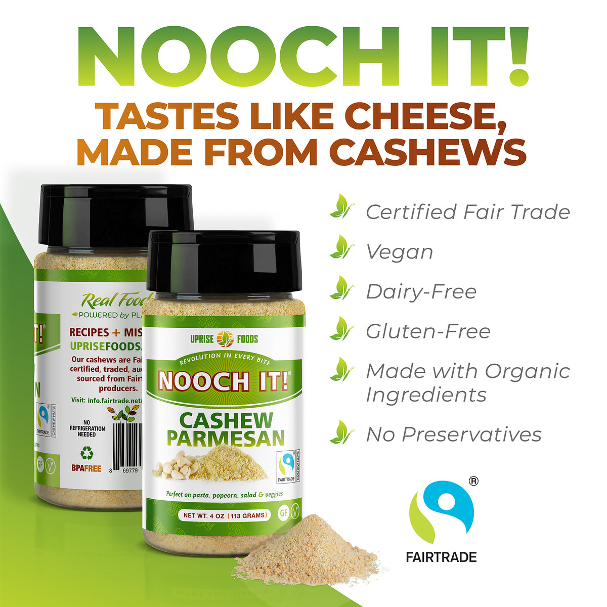 NOOCH IT! Fair Trade Cashew Parmesan 4oz | Vegan Parmesan | Organic Ingredients | Gluten-Free | Dairy-Free