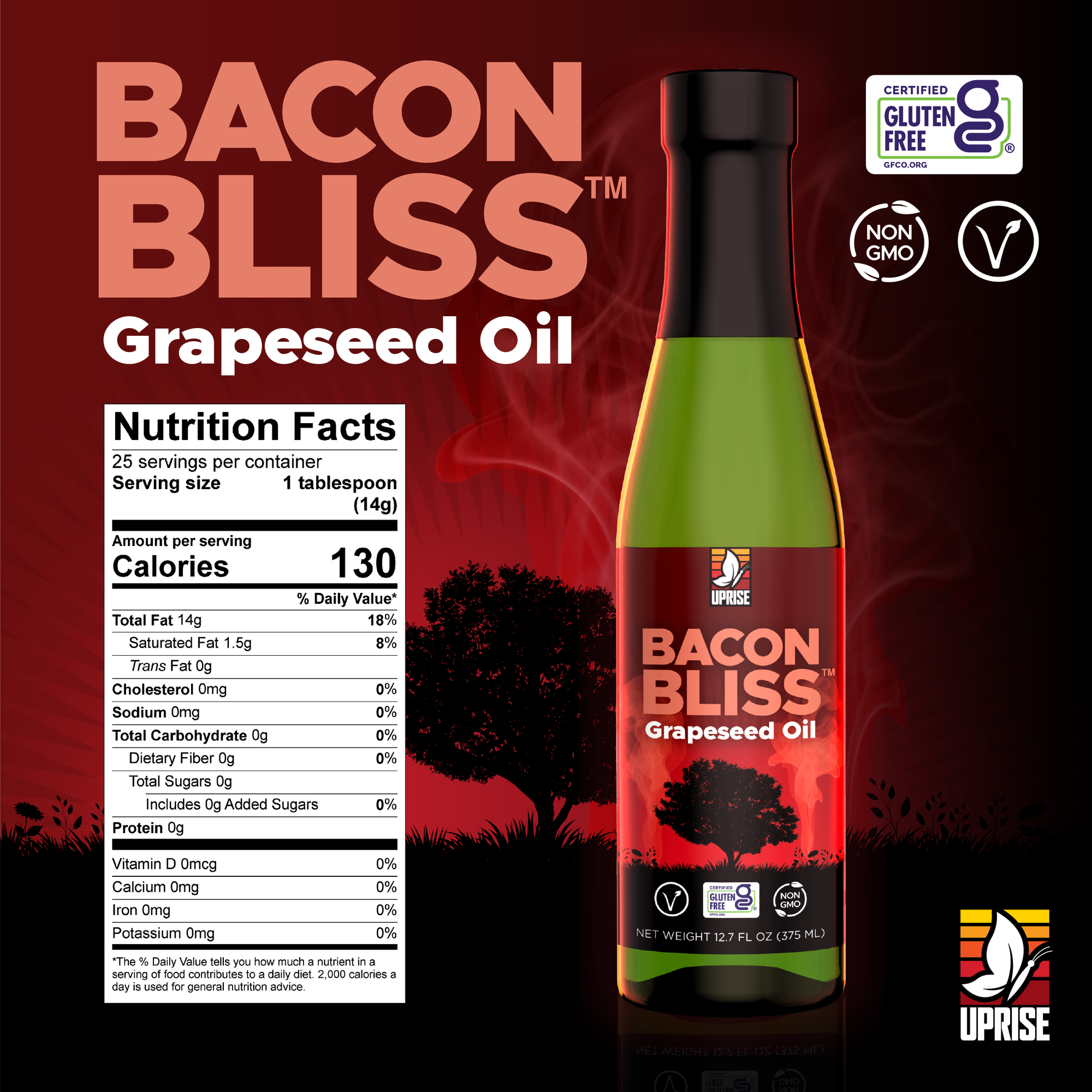 Bacon Bliss Grapeseed Oil 12.7 OZ | High Smoke Point, Gluten-Free, Non-GMO, Plant-Based