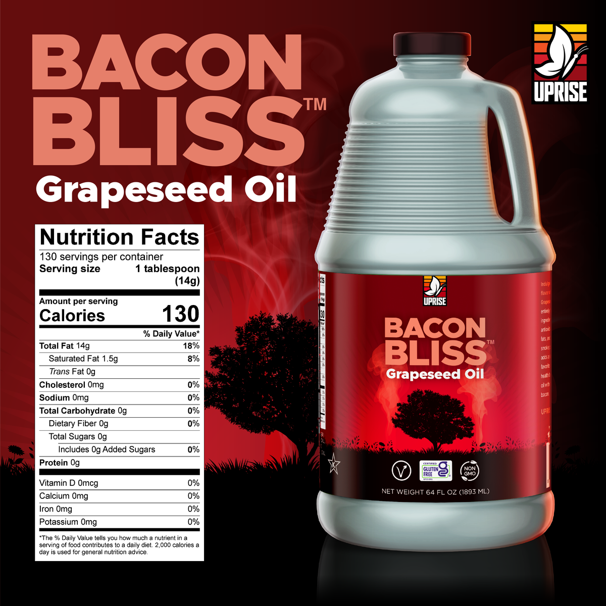 Bacon Bliss Grapeseed Oil 64 OZ (Case of 4) | High Smoke Point, Gluten-Free, Non-GMO, Plant-Based