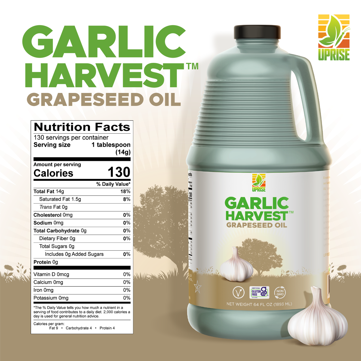 Garlic Harvest Grapeseed Oil 64 OZ (Case of 4) | High Smoke Point, Gluten-Free, Non-GMO, Healthy EVO Alternative