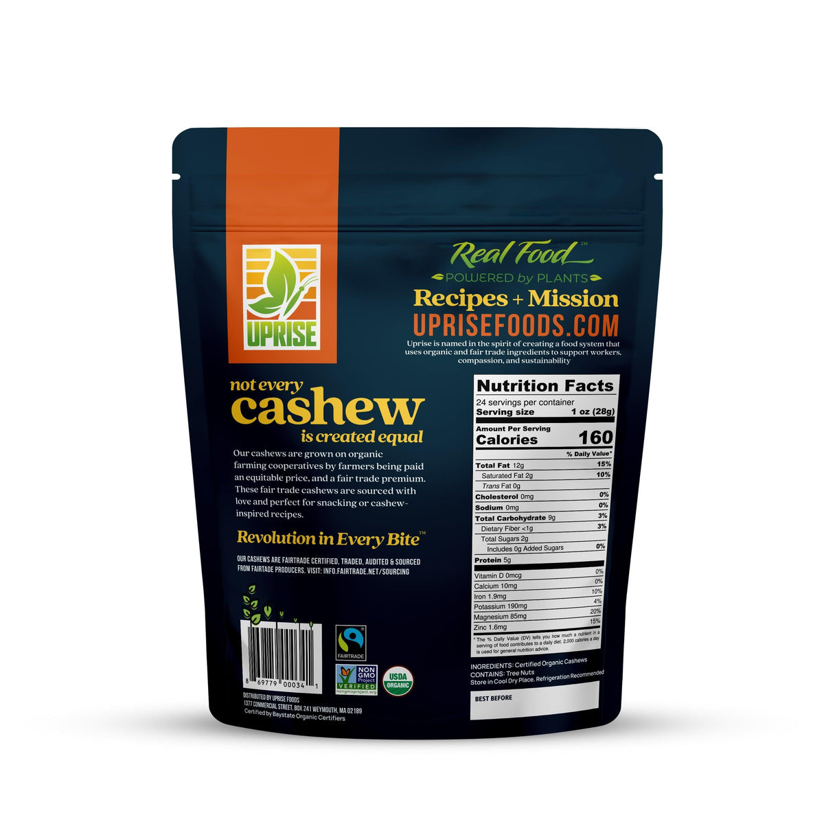 Certified Fair Trade Organic Whole Cashews (1.5 lb) - Uprise Foods